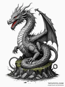 Dragon coiled around a forgotten, mossy thron... - эскиз тату (№1751688202_0, 05.07.2025 04:03) — Tatufoto.com