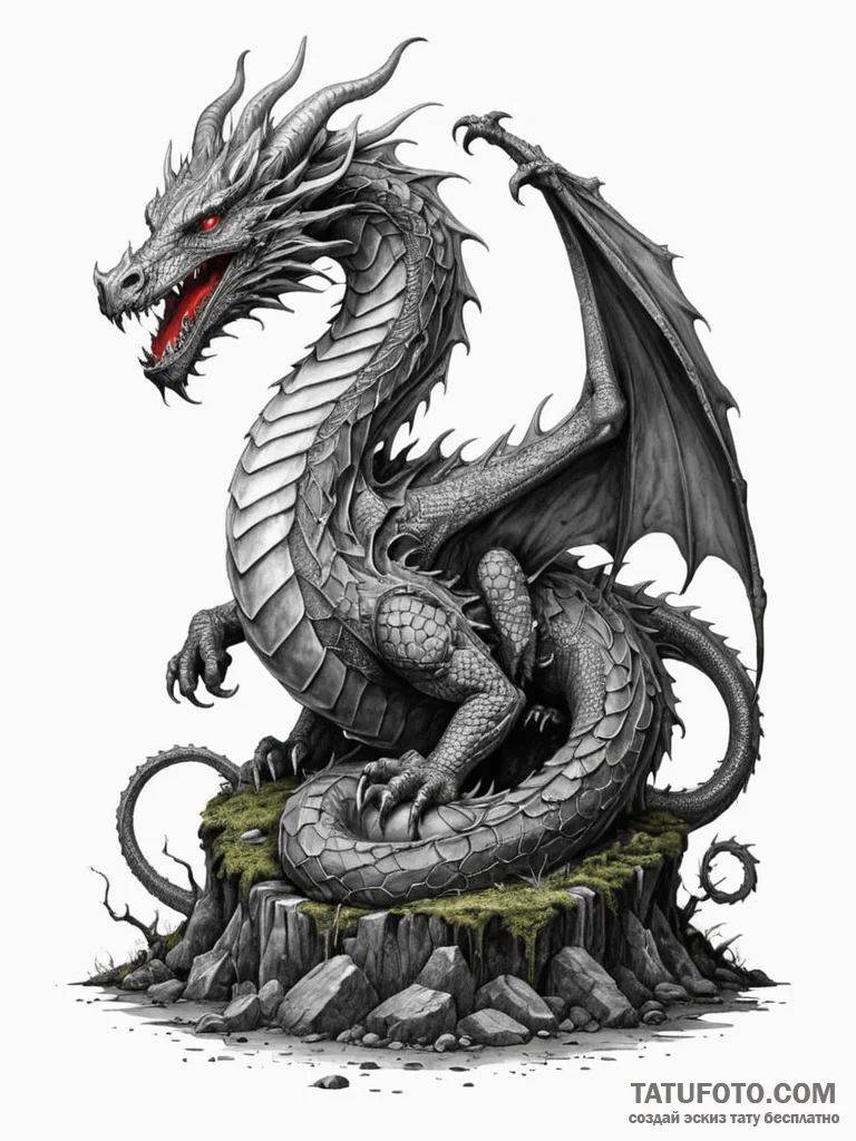 Dragon coiled around a forgotten, mossy thron... - эскиз тату (№1751688202_0, 05.07.2025 04:03) — Tatufoto.com