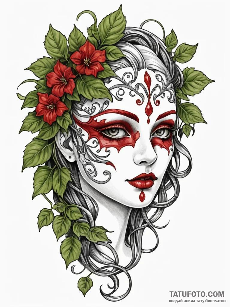 Stone mask veiled in ivy, artistic tattoo ske… — эскиз тату (№1751688543_0, 05.07.2025 04:09) — Tatufoto.com