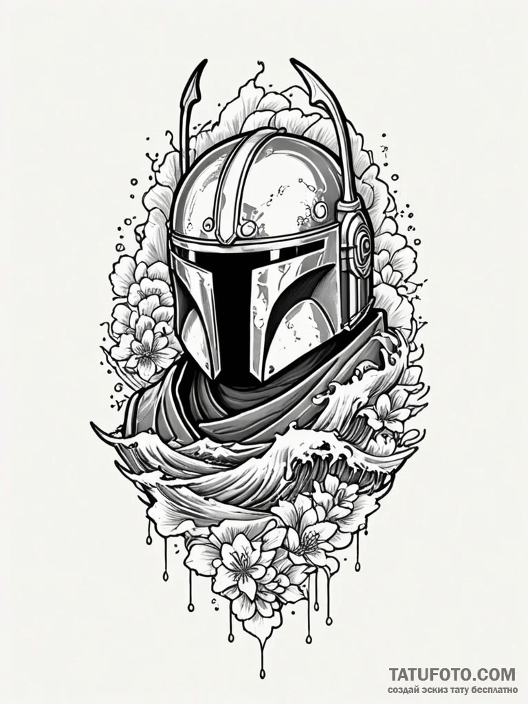 Mandalorian helmet, reflecting a twin-sun sun... - эскиз тату (№1751689064_0, 05.07.2025 04:17) — Tatufoto.com