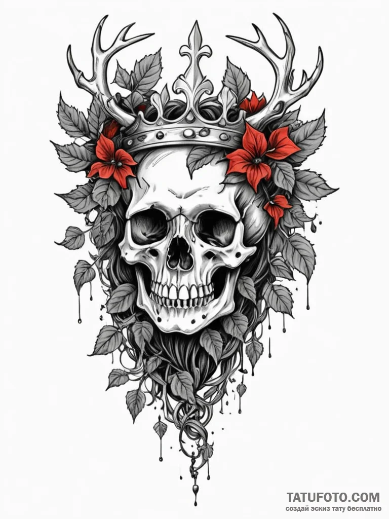 Druid bones crowned with ivy, tattoo line art... - эскиз тату (№1751689328_0, 05.07.2025 04:22) — Tatufoto.com