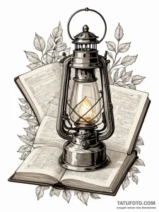Lantern resting on ancient tome, artistic tat... - эскиз тату (№1751689501_0, 05.07.2025 04:25) — Tatufoto.com