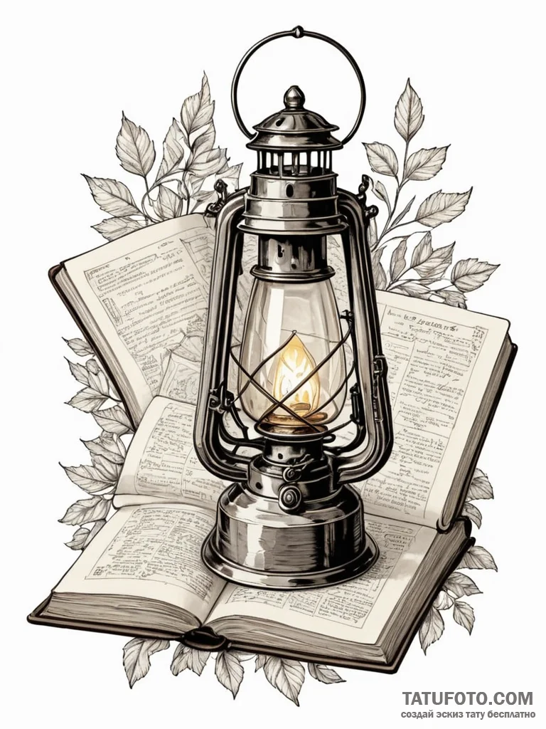 Lantern resting on ancient tome, artistic tat… — эскиз тату (№1751689501_0, 05.07.2025 04:25) — Tatufoto.com