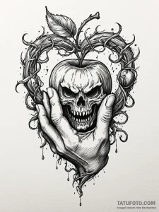 Demon hand offering a cursed, glowing apple,... - эскиз тату (№1751689843_0, 05.07.2025 04:30) — Tatufoto.com