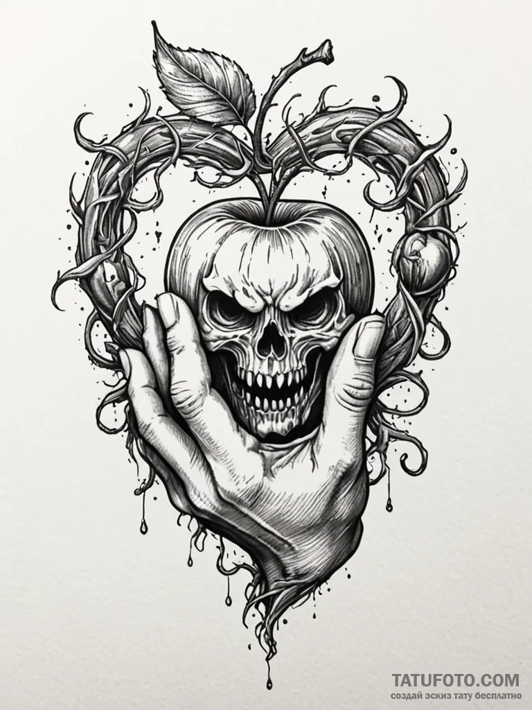 Demon hand offering a cursed, glowing apple,... - эскиз тату (№1751689843_0, 05.07.2025 04:30) — Tatufoto.com