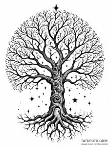 Oak roots spiraling through stars, artistic t... - эскиз тату (№1751689929_0, 05.07.2025 04:32) — Tatufoto.com