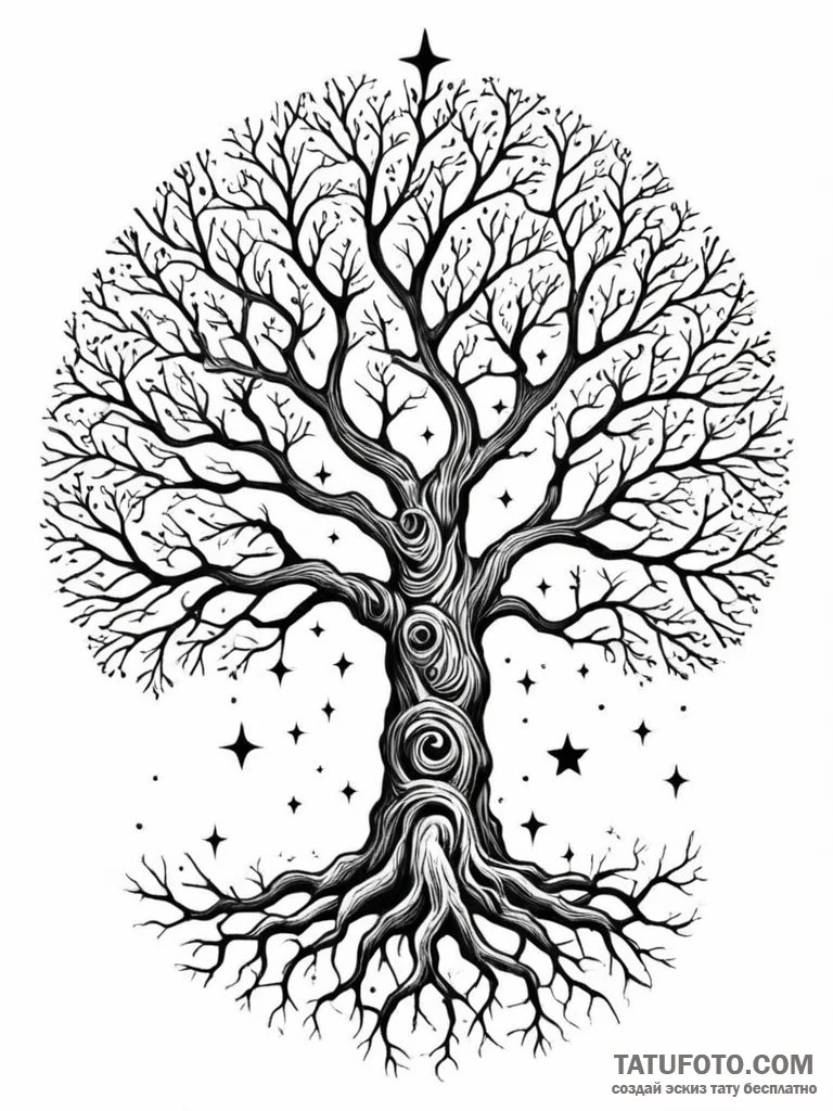 Oak roots spiraling through stars, artistic t... - эскиз тату (№1751689929_0, 05.07.2025 04:32) — Tatufoto.com