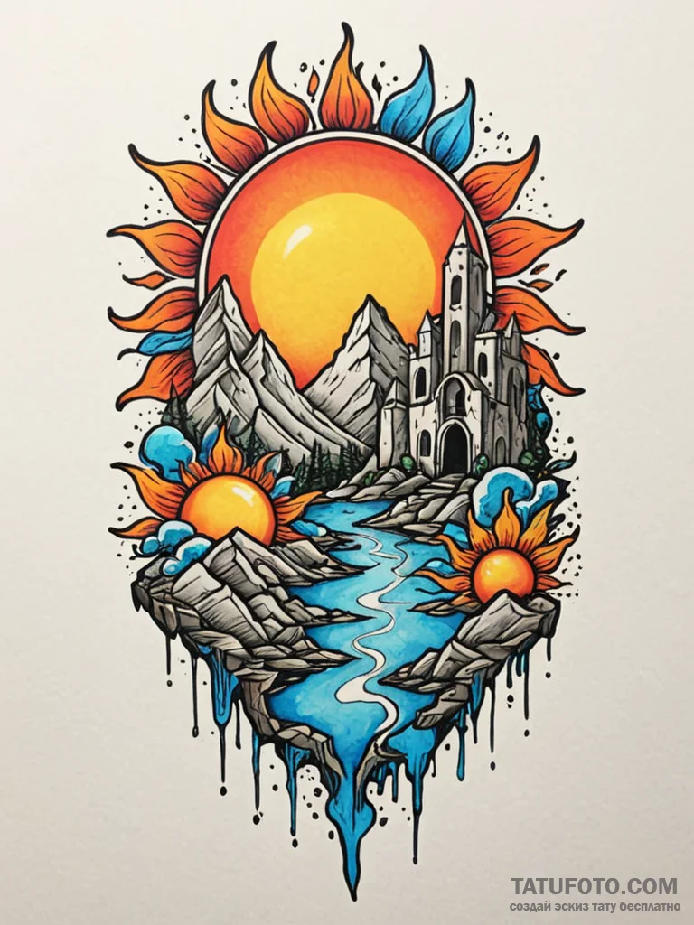 Opal sun rising behind ruins, tattoo sketch d... - эскиз тату (№1751690185_0, 05.07.2025 04:36) — Tatufoto.com