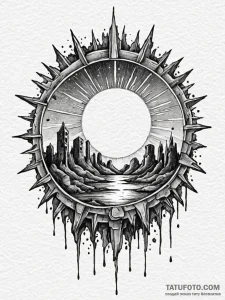 Blood sun rising behind ruins, artistic tatto... - эскиз тату (№1751690269_0, 05.07.2025 04:37) — Tatufoto.com