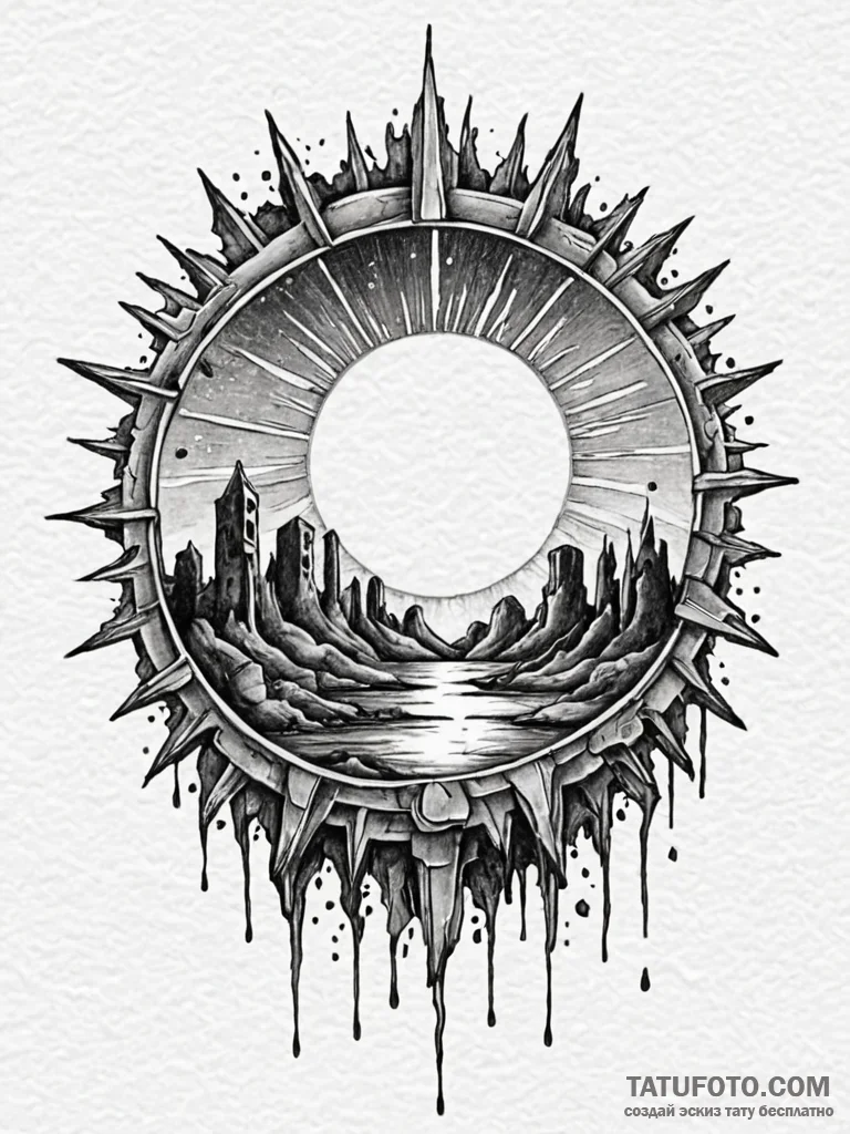 Blood sun rising behind ruins, artistic tatto... - эскиз тату (№1751690269_0, 05.07.2025 04:37) — Tatufoto.com