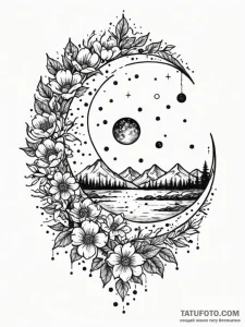 Lunar bloom beneath icy river, tattoo flash s... - эскиз тату (№1751690440_0, 05.07.2025 04:40) — Tatufoto.com