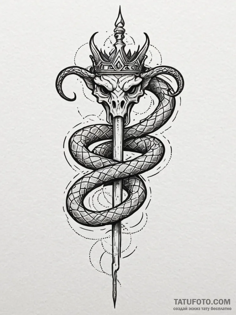 Bone staff crowned with serpent, artistic tat... - эскиз тату (№1751690866_0, 05.07.2025 04:47) — Tatufoto.com