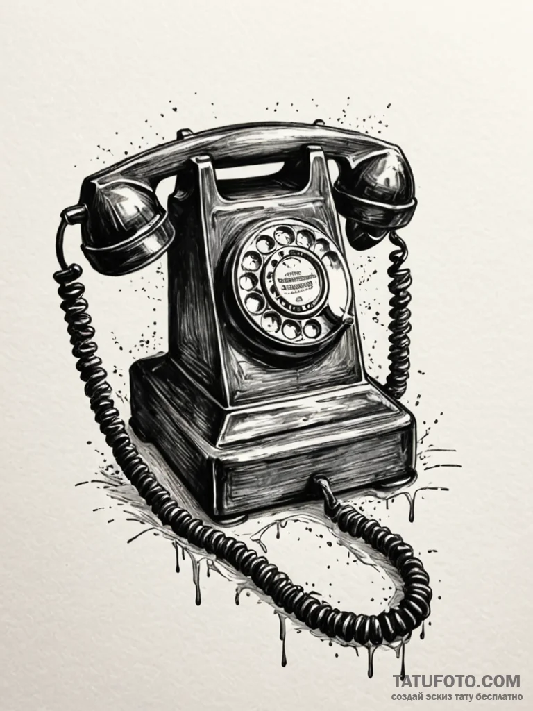 Land-line telephone, receiver leaking a black... - эскиз тату (№1751693235_0, 05.07.2025 05:27) — Tatufoto.com