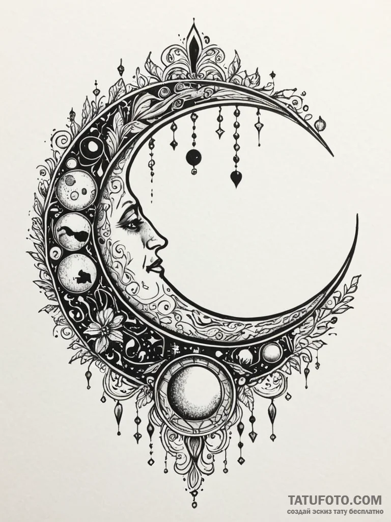 Moon phases circling bone relic, tattoo flash... - эскиз тату (№1751693408_0, 05.07.2025 05:30) — Tatufoto.com