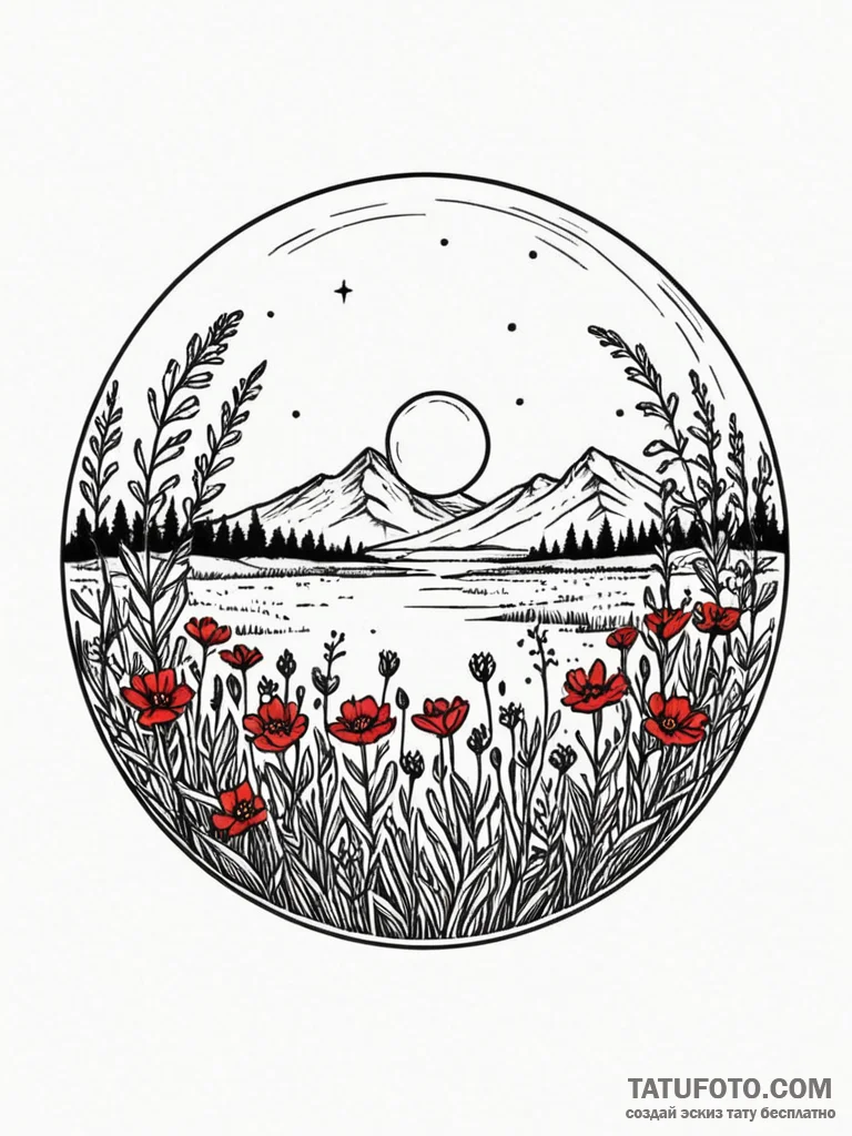 Crystal ball reflecting a field of wildflower... - эскиз тату (№1751693494_0, 05.07.2025 05:31) — Tatufoto.com