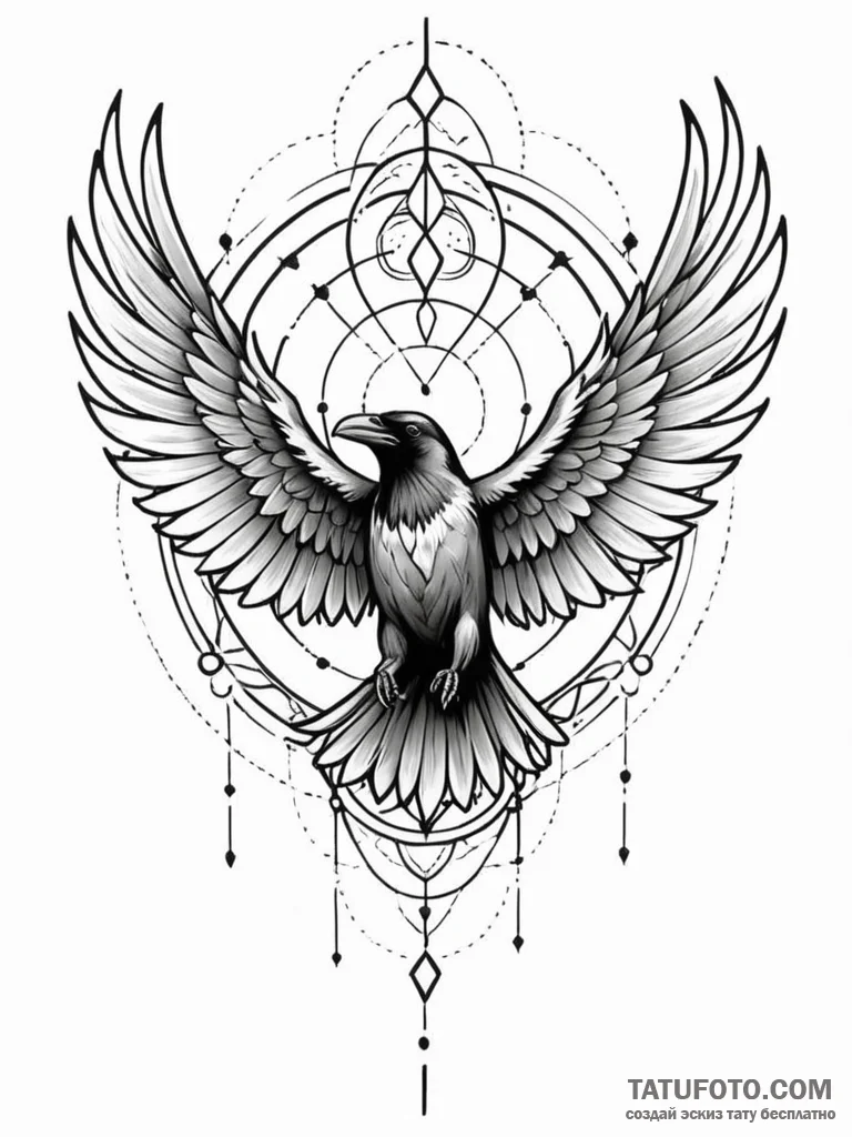 Animated raven with stitched wings, tattoo fl... - эскиз тату (№1751694053_0, 05.07.2025 05:40) — Tatufoto.com