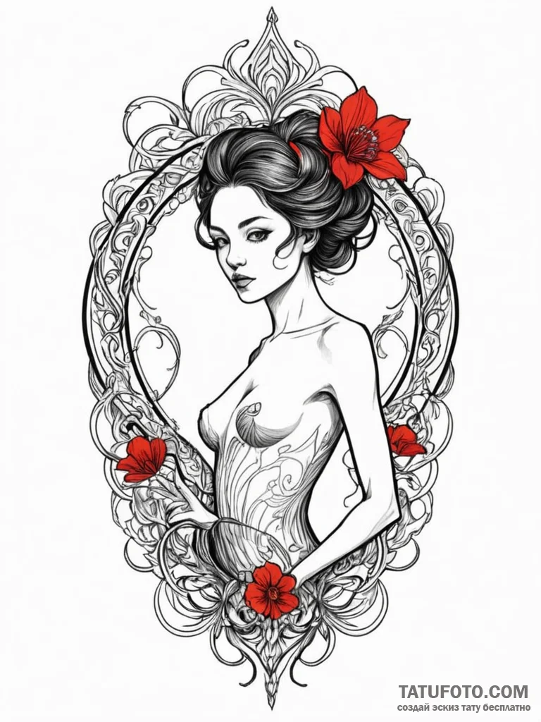 K, artistic tattoo sketch, black and red ink,... - эскиз тату (№1751694358_0, 05.07.2025 05:45) — Tatufoto.com