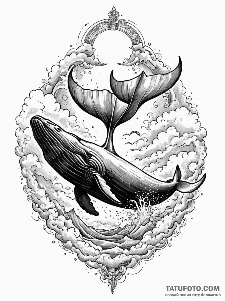 Whale's tail diving into a sea of clouds, art... - эскиз тату (№1751695379_0, 05.07.2025 06:02) — Tatufoto.com