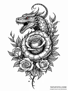 Basilisk coiled around a petrified rose, ink... - эскиз тату (№1751695559_0, 05.07.2025 06:05) — Tatufoto.com