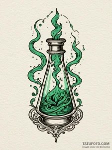 Alchemy vial with green smoke, ink illustrati... - эскиз тату (№1751695744_0, 05.07.2025 06:09) — Tatufoto.com