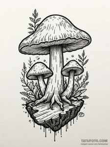 Reishi mushroom growing from a log, tattoo dr... - эскиз тату (№1751695831_0, 05.07.2025 06:10) — Tatufoto.com