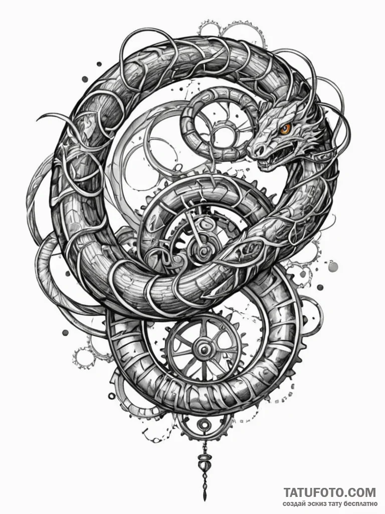 Clockwork serpent coiled mid-air, concept art... - эскиз тату (№1751696531_0, 05.07.2025 06:22) — Tatufoto.com