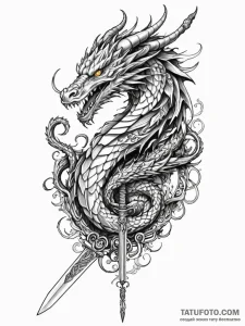 Ancient dragon coiled around sword, artistic... - эскиз тату (№1751696958_0, 05.07.2025 06:29) — Tatufoto.com