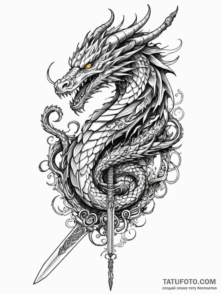 Ancient dragon coiled around sword, artistic... - эскиз тату (№1751696958_0, 05.07.2025 06:29) — Tatufoto.com