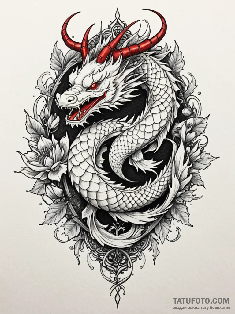 Koi dragon crowned in frost, tattoo drawing o... - эскиз тату (№1751697129_0, 05.07.2025 06:32) — Tatufoto.com