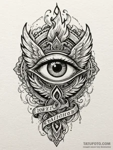 Phoenix eye beneath burning sky, tattoo flash... - эскиз тату (№1751697384_0, 05.07.2025 06:36) — Tatufoto.com