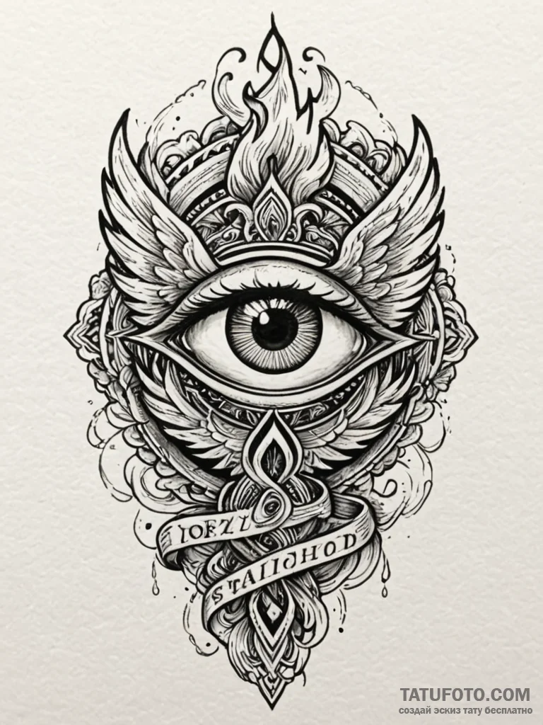 Phoenix eye beneath burning sky, tattoo flash... - эскиз тату (№1751697384_0, 05.07.2025 06:36) — Tatufoto.com