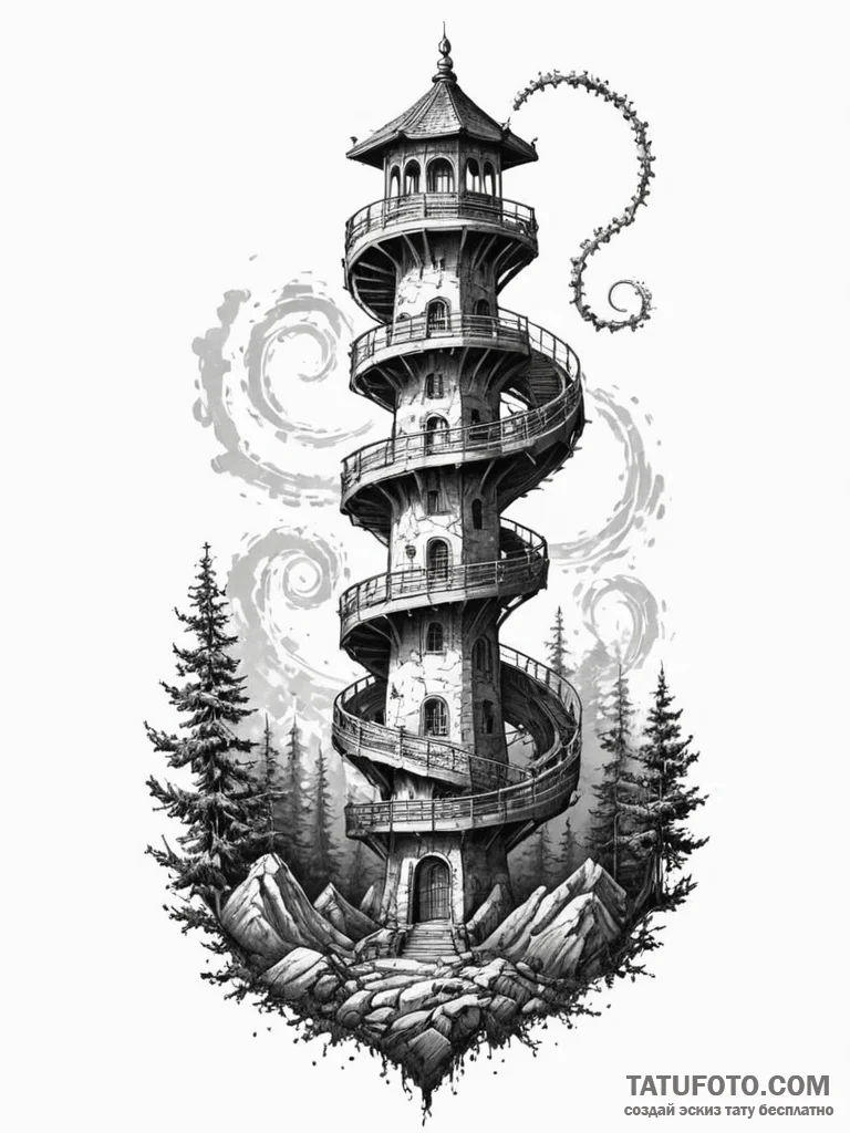 Abyssal serpent spiraling tower, artistic tat... - эскиз тату (№1751697899_0, 05.07.2025 06:44) — Tatufoto.com