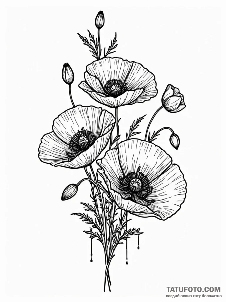 Poppy flowers blooming from bones, artistic t... - эскиз тату (№1751698242_0, 05.07.2025 06:50) — Tatufoto.com