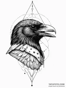 Battle-scarred helmet with a raven perched on... - эскиз тату (№1751698498_0, 05.07.2025 06:54) — Tatufoto.com