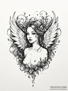 Ghost wings crowned in ivy, ink illustration... - эскиз тату (№1751698585_0, 05.07.2025 06:56) — Tatufoto.com
