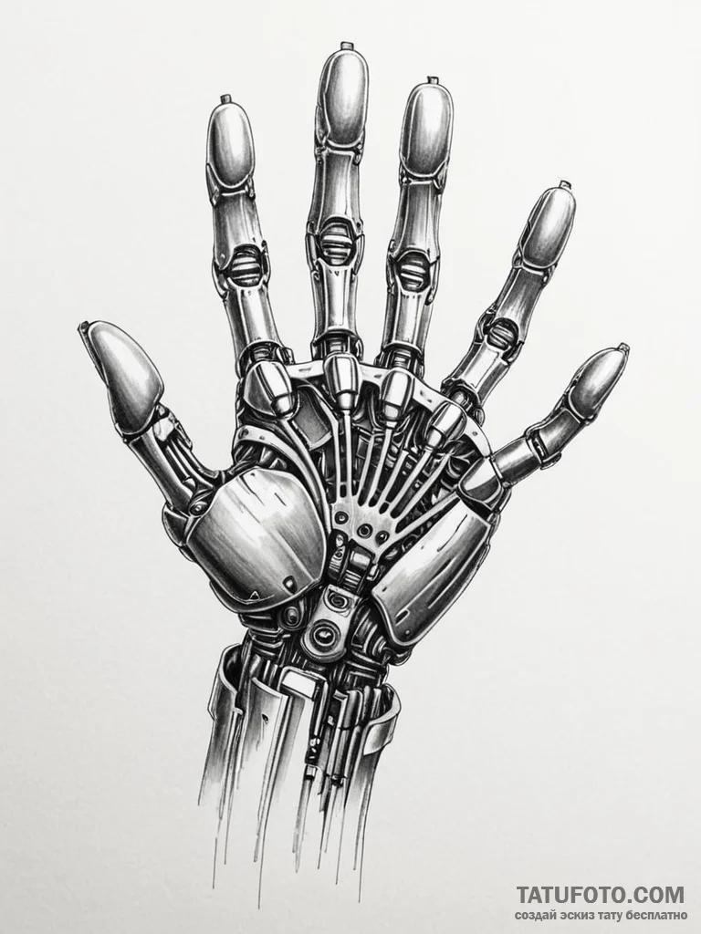 Robotic hand and a human hand about to touch,... - эскиз тату (№1751698672_0, 05.07.2025 06:57) — Tatufoto.com