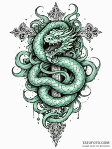 Jade serpent devouring starlight, tattoo flas... - эскиз тату (№1751698847_0, 05.07.2025 07:00) — Tatufoto.com