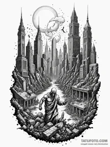 Apocalyptic cityscape with ruined statues, co... - эскиз тату (№1751699021_0, 05.07.2025 07:03) — Tatufoto.com