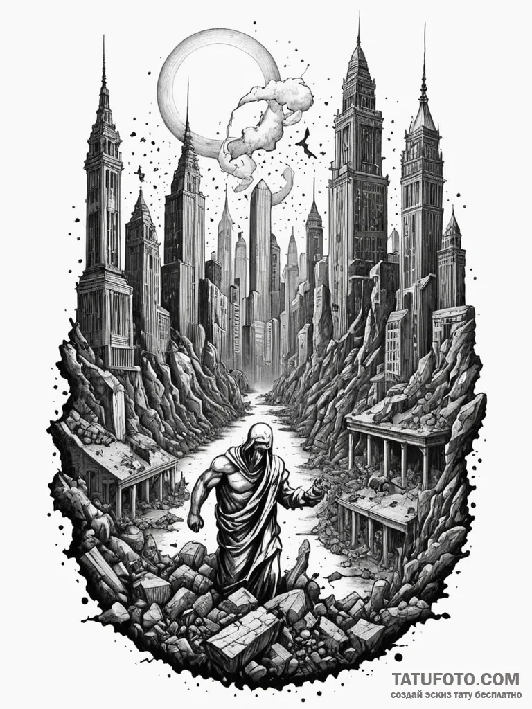 Apocalyptic cityscape with ruined statues, co... - эскиз тату (№1751699021_0, 05.07.2025 07:03) — Tatufoto.com