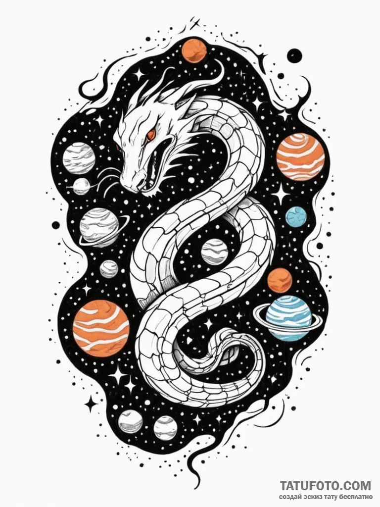 Astral serpent among shattered planets, tatto... - эскиз тату (№1751700052_0, 05.07.2025 07:20) — Tatufoto.com