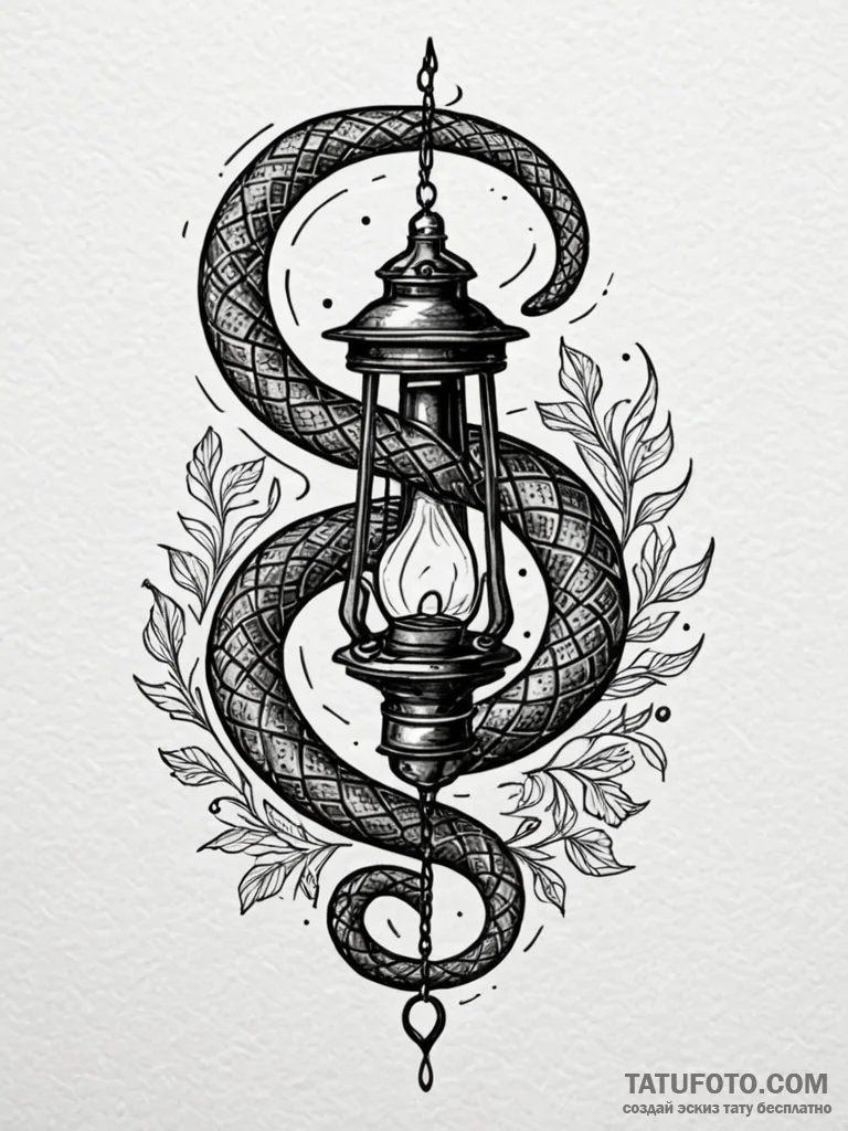 Dark serpent circling lantern, tattoo flash s... - эскиз тату (№1751700138_0, 05.07.2025 07:22) — Tatufoto.com
