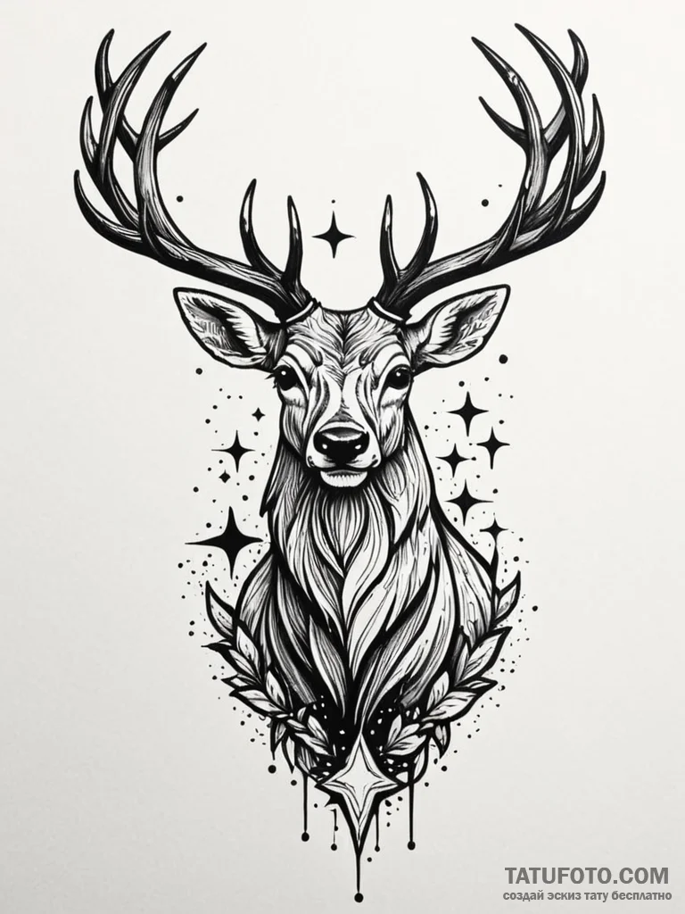 Cosmic stag crowned with stars, artistic tatt... - эскиз тату (№1751700696_0, 05.07.2025 07:31) — Tatufoto.com