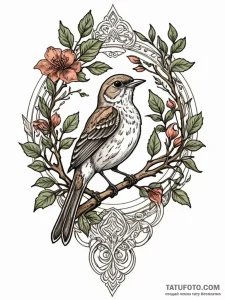 Nightingale singing on a branch, its notes vi... - эскиз тату (№1751700869_0, 05.07.2025 07:34) — Tatufoto.com