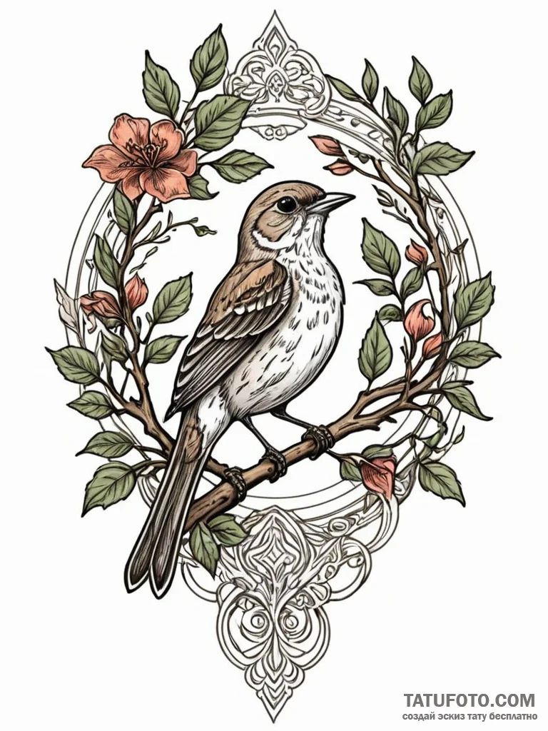 Nightingale singing on a branch, its notes vi... - эскиз тату (№1751700869_0, 05.07.2025 07:34) — Tatufoto.com