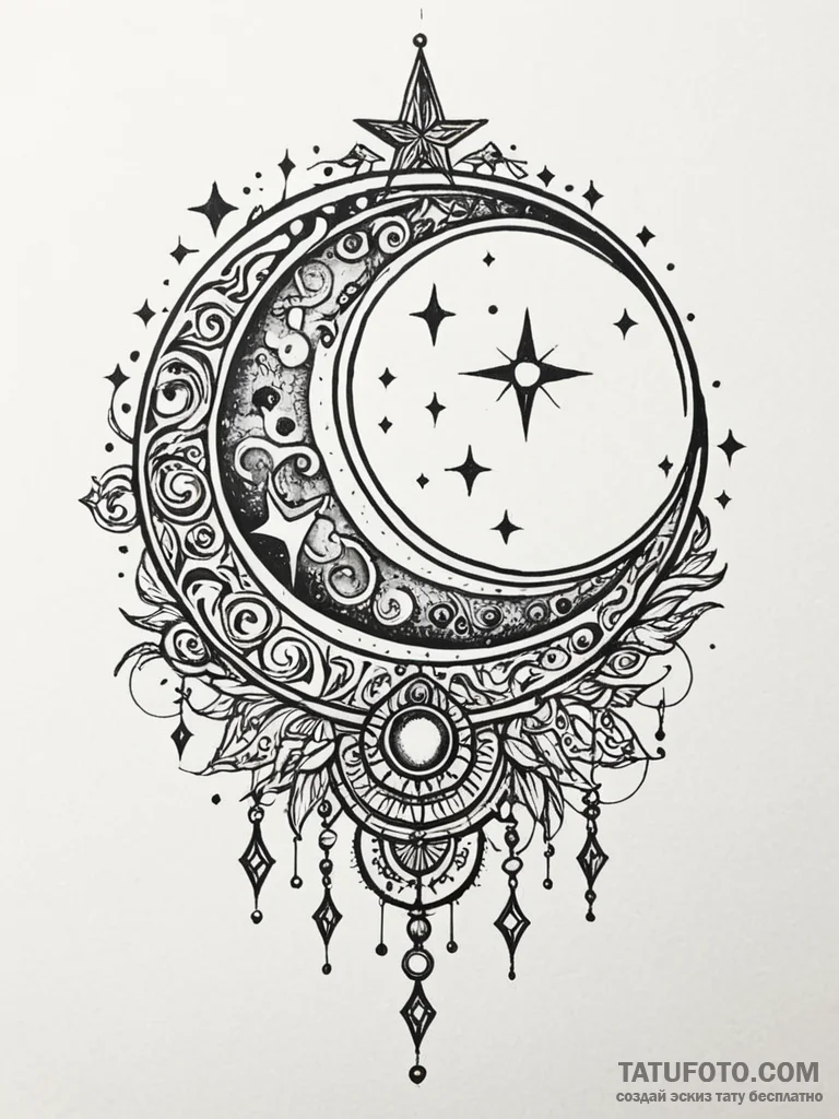 Moon sigil crowned with stars, ink illustrati... - эскиз тату (№1751700955_0, 05.07.2025 07:35) — Tatufoto.com