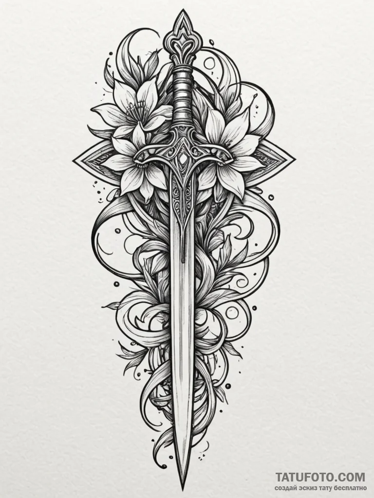 Glyph-etched dagger beneath celestial bloom,... - эскиз тату (№1751701735_0, 05.07.2025 07:48) — Tatufoto.com