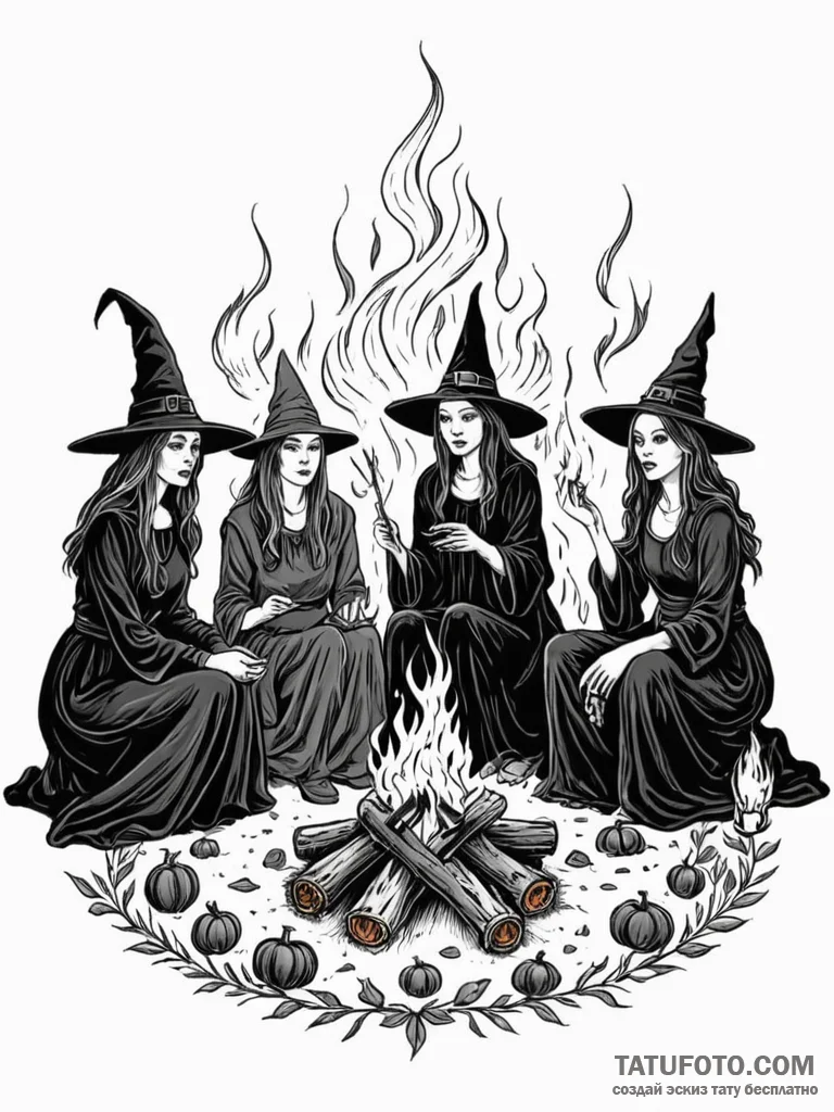 A coven of witches around a fire - эскиз тату (№1751702433_0, 05.07.2025 08:00) — Tatufoto.com