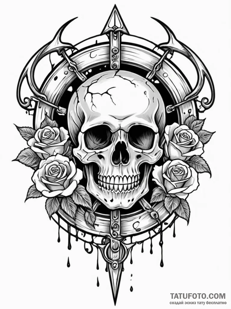 Razor-edged wheel beneath shattered gate, con... - эскиз тату (№1751702518_0, 05.07.2025 08:01) — Tatufoto.com