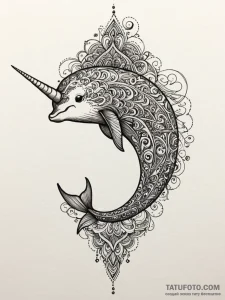 Narwhal's tusk piercing a bubble of reality,... - эскиз тату (№1751702604_0, 05.07.2025 08:03) — Tatufoto.com