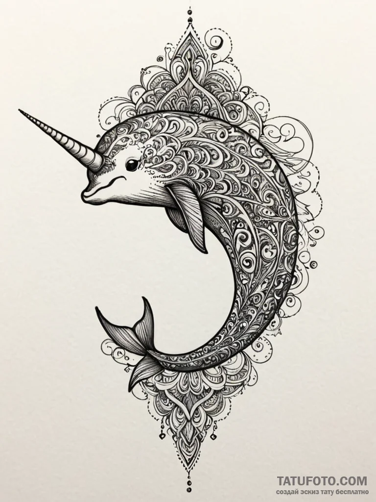 Narwhal's tusk piercing a bubble of reality,... - эскиз тату (№1751702604_0, 05.07.2025 08:03) — Tatufoto.com